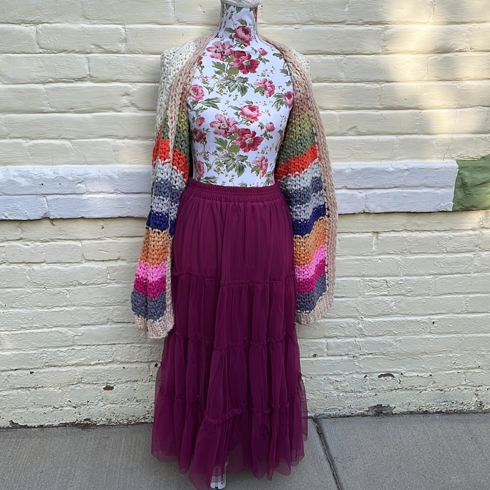 Flouncy Tiered Mesh Skirt in Maroon Berry - Picture 15 of 17